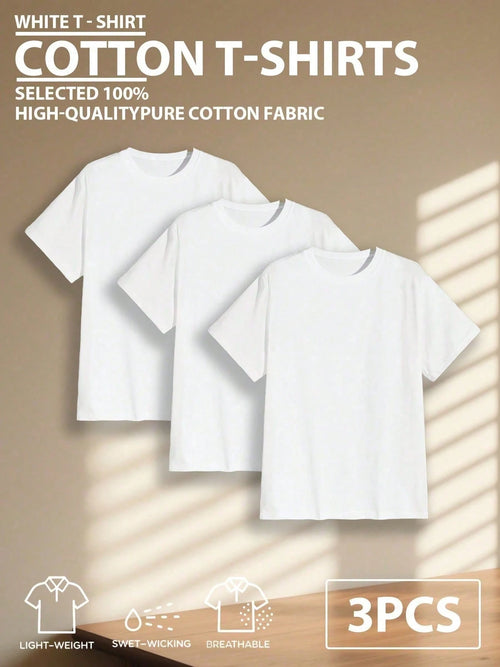3pcs/Set 100% High-Quality Pure Cotton Men's Round-Neck Short-Sleeved Sports T-Shirt, Made Breathable Soft And Comfortable, Suitable For Fitness, Outdoor And Casual Wear All Year Round
