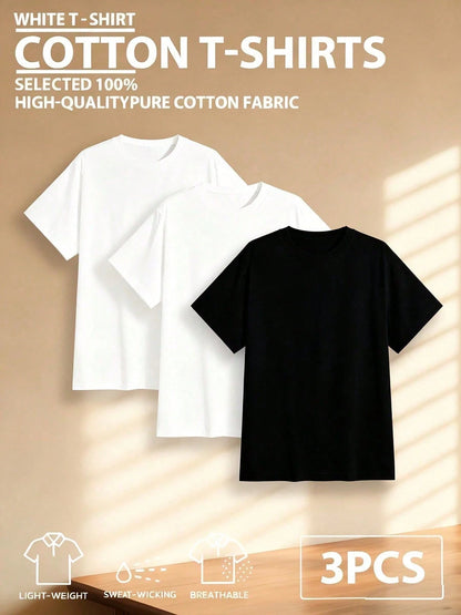 3pcs/Set 100% High-Quality Pure Cotton Men's Round-Neck Short-Sleeved Sports T-Shirt, Made Breathable Soft And Comfortable, Suitable For Fitness, Outdoor And Casual Wear All Year Round