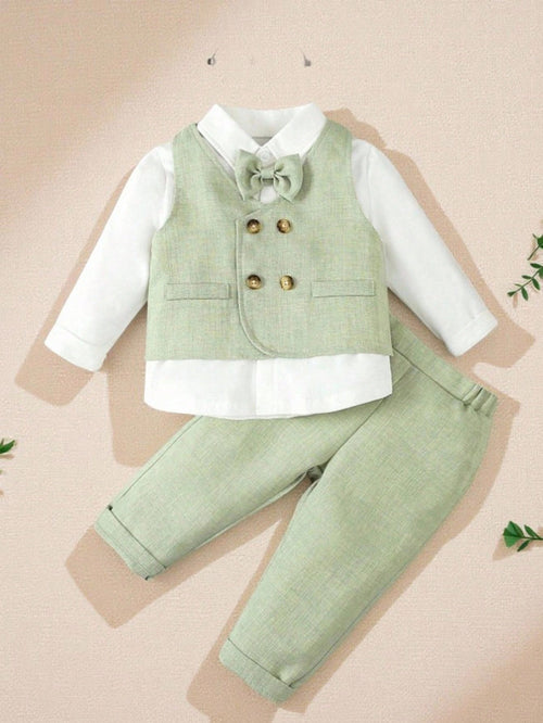 3pcs/Set Baby Boys Gentleman Party Outfit- Bow Tie Shirt, Double-Breasted Vest, Pants, & Elegant, Suitable For Birthday Party, Wedding, Ceremonies