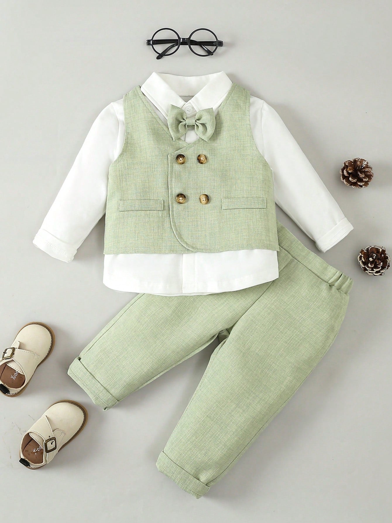3pcs/Set Baby Boys Gentleman Party Outfit- Bow Tie Shirt, Double-Breasted Vest, Pants, & Elegant, Suitable For Birthday Party, Wedding, Ceremonies