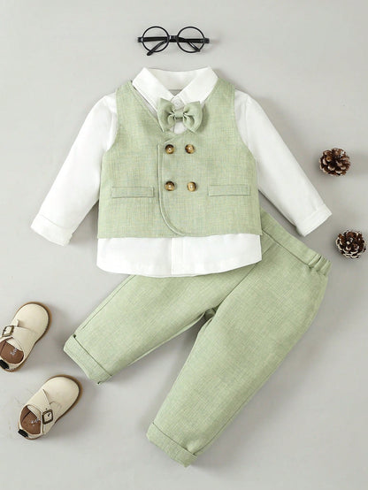 3pcs/Set Baby Boys Gentleman Party Outfit- Bow Tie Shirt, Double-Breasted Vest, Pants, & Elegant, Suitable For Birthday Party, Wedding, Ceremonies