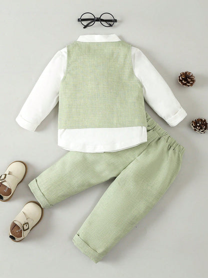 3pcs/Set Baby Boys Gentleman Party Outfit- Bow Tie Shirt, Double-Breasted Vest, Pants, & Elegant, Suitable For Birthday Party, Wedding, Ceremonies