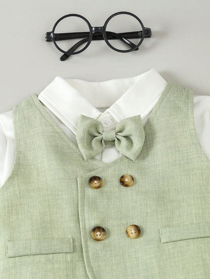 3pcs/Set Baby Boys Gentleman Party Outfit- Bow Tie Shirt, Double-Breasted Vest, Pants, & Elegant, Suitable For Birthday Party, Wedding, Ceremonies