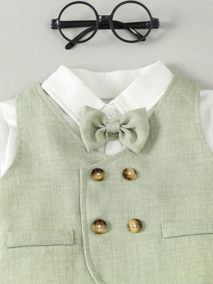 3pcs/Set Baby Boys Gentleman Party Outfit- Bow Tie Shirt, Double-Breasted Vest, Pants, & Elegant, Suitable For Birthday Party, Wedding, Ceremonies