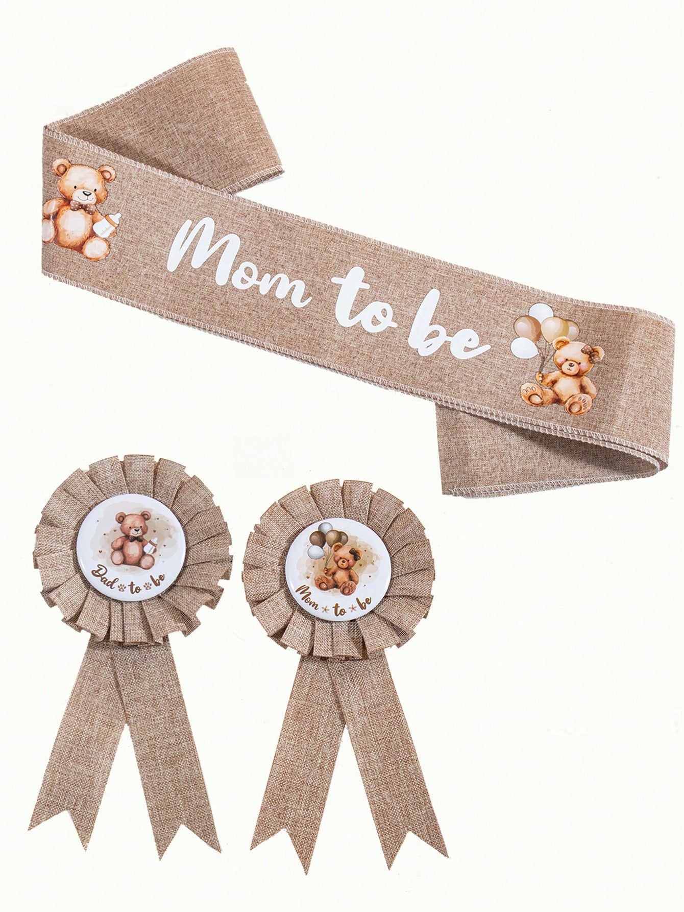 3pcs Set: Bear Pattern Linen Maternity Sash, Maternity & Paternity Lapel Pins, Baby Shower Party Decor, Boho Style Maternity Sash, Baby Shower Corsage Pin Set, Maternity Gift, Party Decoration