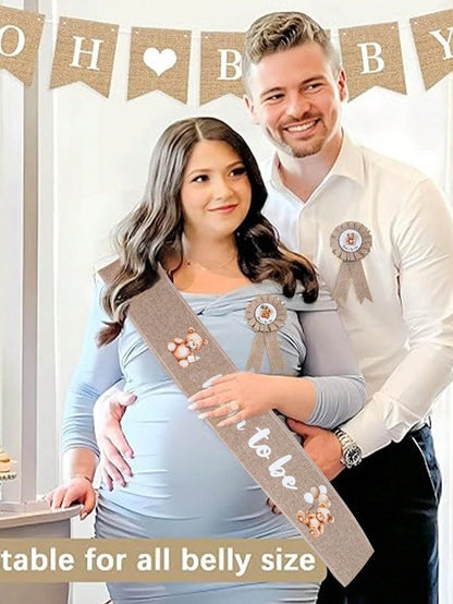 3pcs Set: Bear Pattern Linen Maternity Sash, Maternity & Paternity Lapel Pins, Baby Shower Party Decor, Boho Style Maternity Sash, Baby Shower Corsage Pin Set, Maternity Gift, Party Decoration