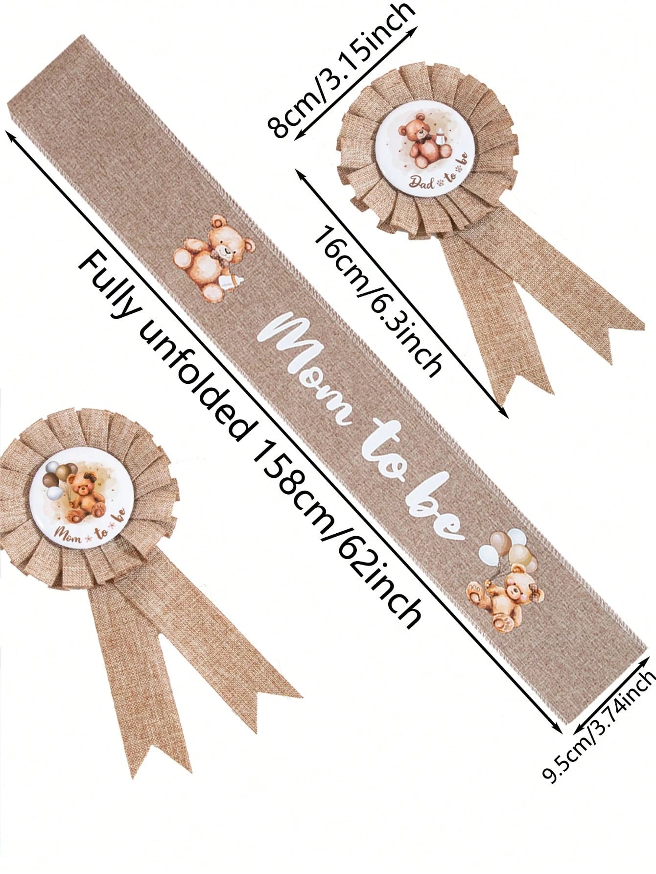 3pcs Set: Bear Pattern Linen Maternity Sash, Maternity & Paternity Lapel Pins, Baby Shower Party Decor, Boho Style Maternity Sash, Baby Shower Corsage Pin Set, Maternity Gift, Party Decoration