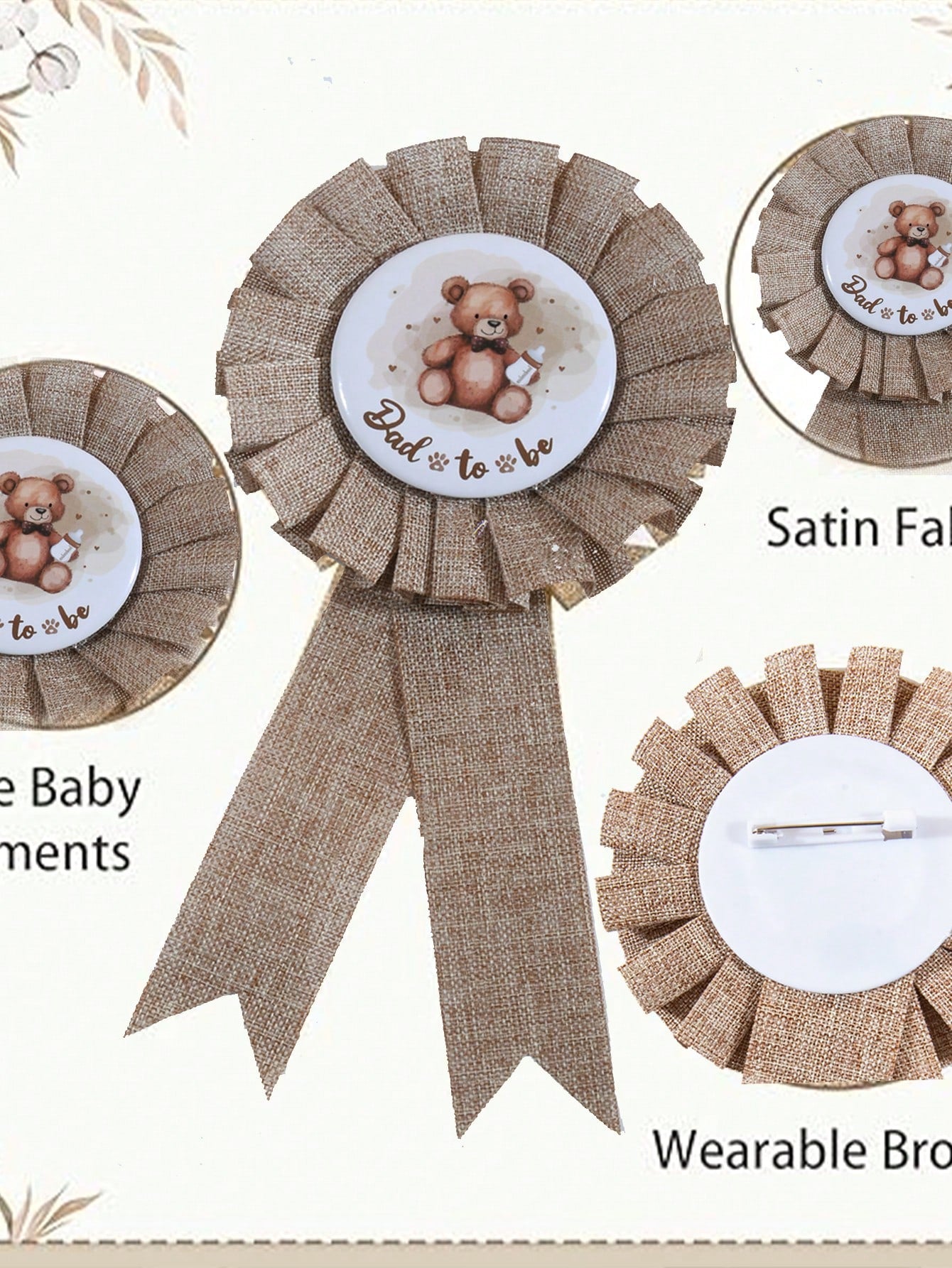 3pcs Set: Bear Pattern Linen Maternity Sash, Maternity & Paternity Lapel Pins, Baby Shower Party Decor, Boho Style Maternity Sash, Baby Shower Corsage Pin Set, Maternity Gift, Party Decoration