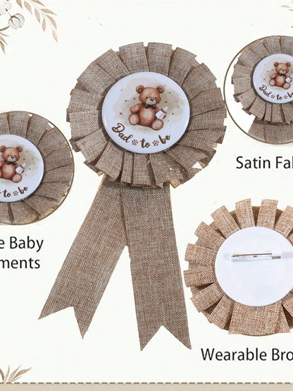3pcs Set: Bear Pattern Linen Maternity Sash, Maternity & Paternity Lapel Pins, Baby Shower Party Decor, Boho Style Maternity Sash, Baby Shower Corsage Pin Set, Maternity Gift, Party Decoration