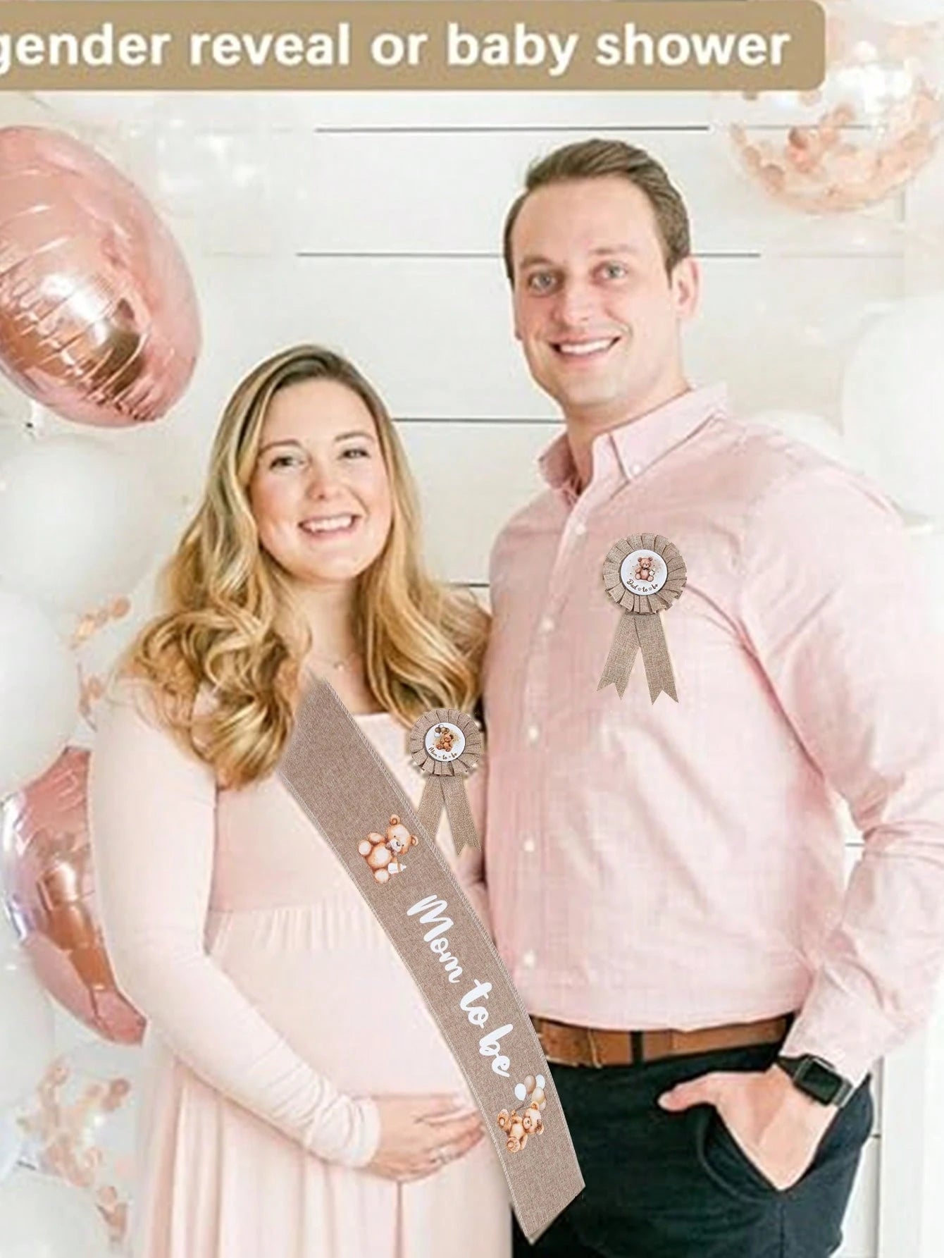 3pcs Set: Bear Pattern Linen Maternity Sash, Maternity & Paternity Lapel Pins, Baby Shower Party Decor, Boho Style Maternity Sash, Baby Shower Corsage Pin Set, Maternity Gift, Party Decoration