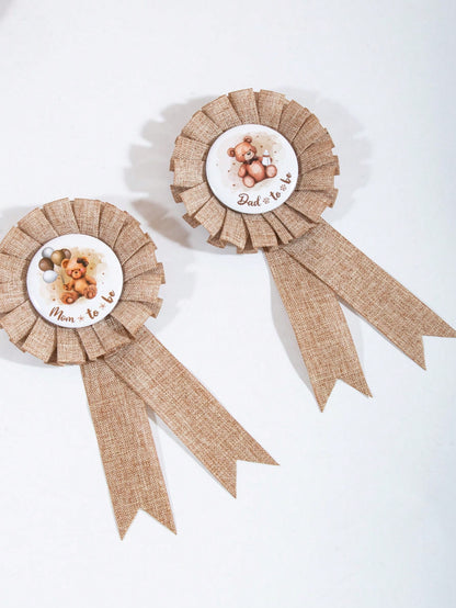 3pcs Set: Bear Pattern Linen Maternity Sash, Maternity & Paternity Lapel Pins, Baby Shower Party Decor, Boho Style Maternity Sash, Baby Shower Corsage Pin Set, Maternity Gift, Party Decoration