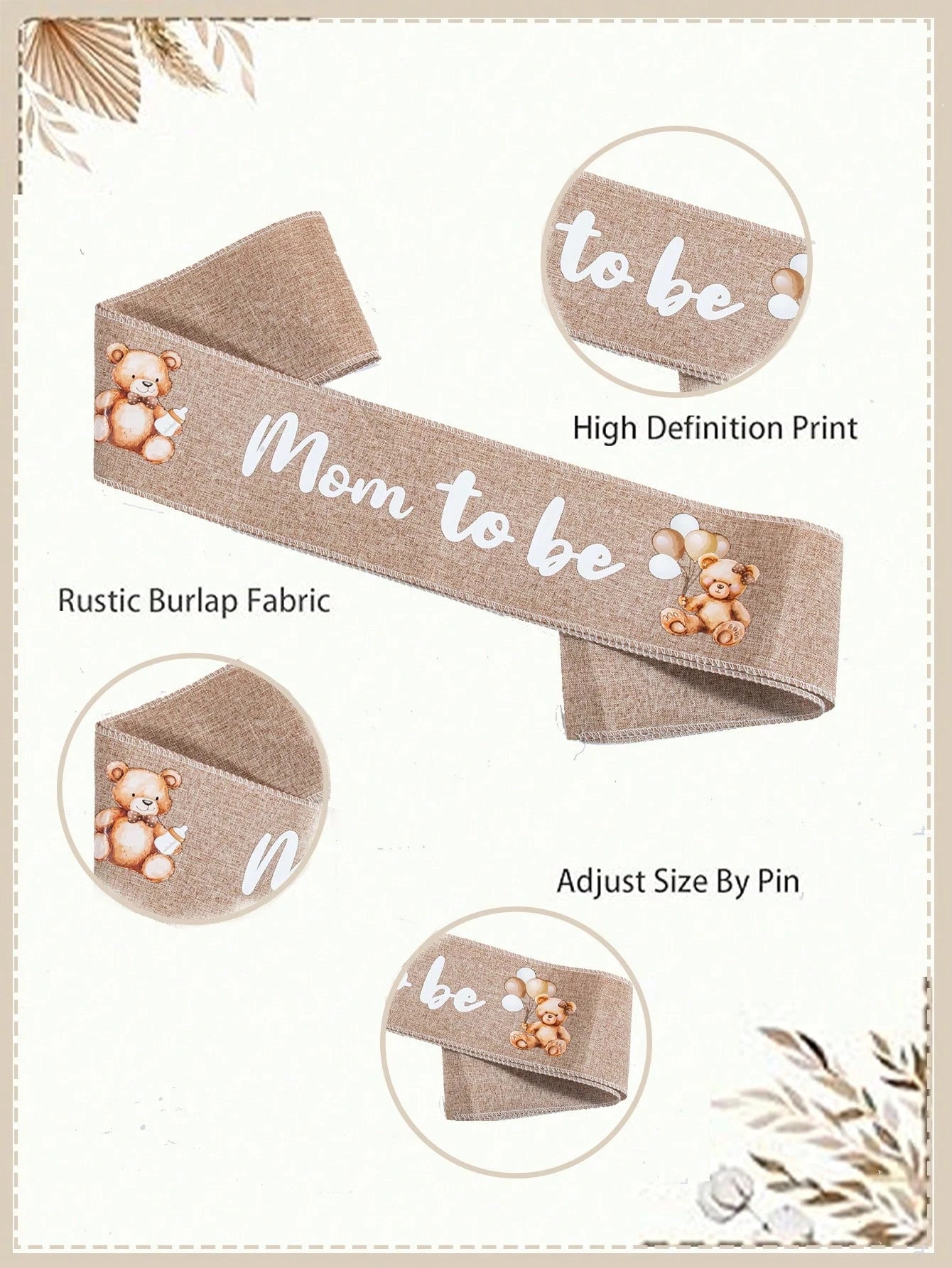 3pcs Set: Bear Pattern Linen Maternity Sash, Maternity & Paternity Lapel Pins, Baby Shower Party Decor, Boho Style Maternity Sash, Baby Shower Corsage Pin Set, Maternity Gift, Party Decoration