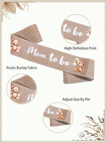 3pcs Set: Bear Pattern Linen Maternity Sash, Maternity & Paternity Lapel Pins, Baby Shower Party Decor, Boho Style Maternity Sash, Baby Shower Corsage Pin Set, Maternity Gift, Party Decoration
