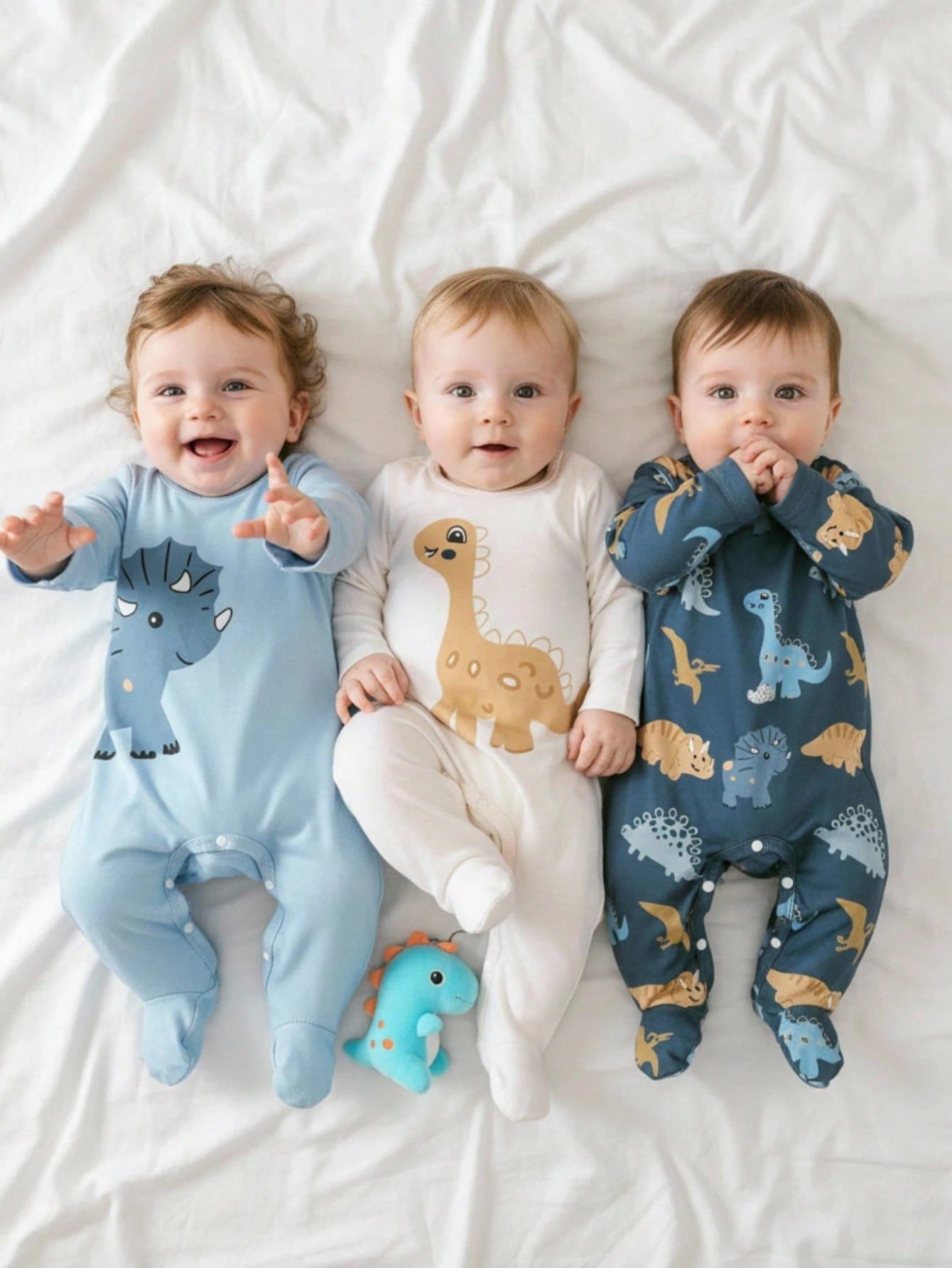 3pcs/Set Cute Baby Dinosaur Romper & Jumpsuit Set,Navy Blue White Unisex Newborn Pajamas For Summer,Family Matching Comfortable Casual Outfits 0-9M