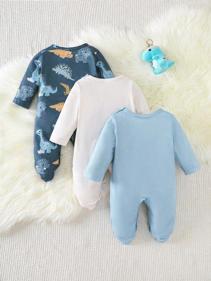 3pcs/Set Cute Baby Dinosaur Romper & Jumpsuit Set,Navy Blue White Unisex Newborn Pajamas For Summer,Family Matching Comfortable Casual Outfits 0-9M