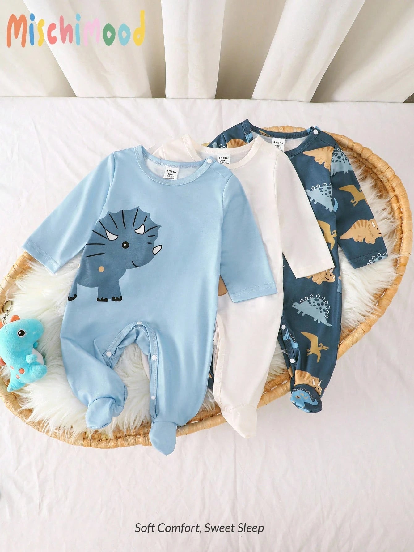 3pcs/Set Cute Baby Dinosaur Romper & Jumpsuit Set,Navy Blue White Unisex Newborn Pajamas For Summer,Family Matching Comfortable Casual Outfits 0-9M