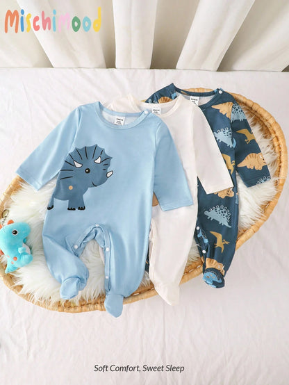 3pcs/Set Cute Baby Dinosaur Romper & Jumpsuit Set,Navy Blue White Unisex Newborn Pajamas For Summer,Family Matching Comfortable Casual Outfits 0-9M
