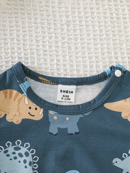 3pcs/Set Cute Baby Dinosaur Romper & Jumpsuit Set,Navy Blue White Unisex Newborn Pajamas For Summer,Family Matching Comfortable Casual Outfits 0-9M