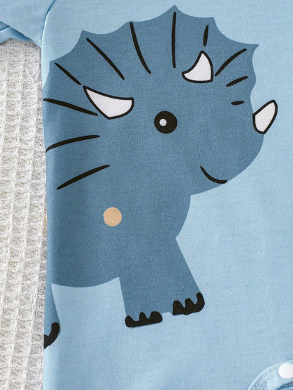 3pcs/Set Cute Baby Dinosaur Romper & Jumpsuit Set,Navy Blue White Unisex Newborn Pajamas For Summer,Family Matching Comfortable Casual Outfits 0-9M