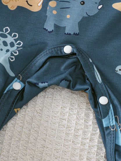3pcs/Set Cute Baby Dinosaur Romper & Jumpsuit Set,Navy Blue White Unisex Newborn Pajamas For Summer,Family Matching Comfortable Casual Outfits 0-9M