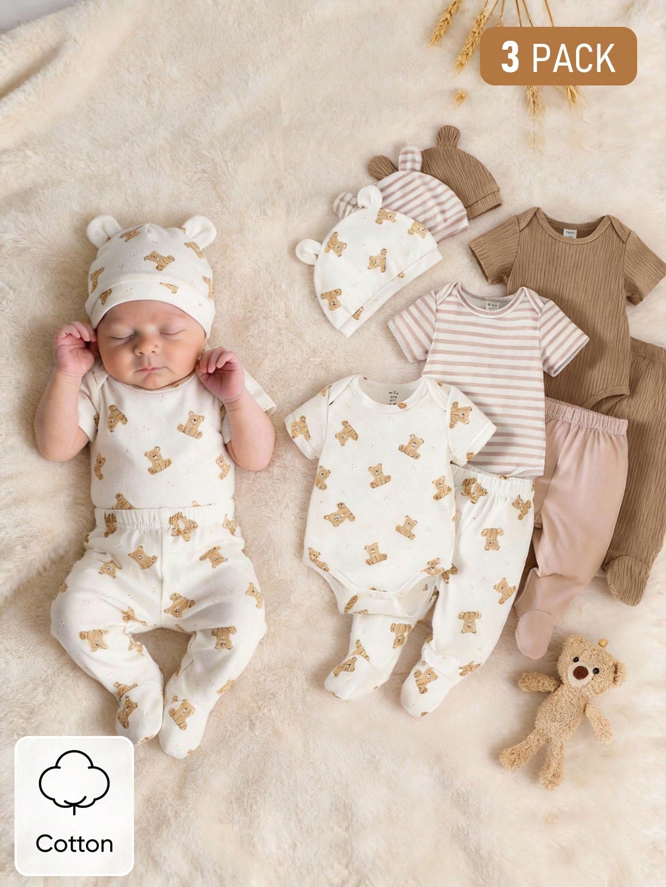 3pcs/Set Newborn Unisex White Cute Bear & Ribbed Pattern Cotton Outfit Short Sleeve Bodysuit Pants Hat Soft Autumn Family Matching Neutral Clothes