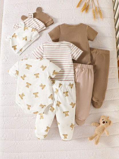 3pcs/Set Newborn Unisex White Cute Bear & Ribbed Pattern Cotton Outfit Short Sleeve Bodysuit Pants Hat Soft Autumn Family Matching Neutral Clothes