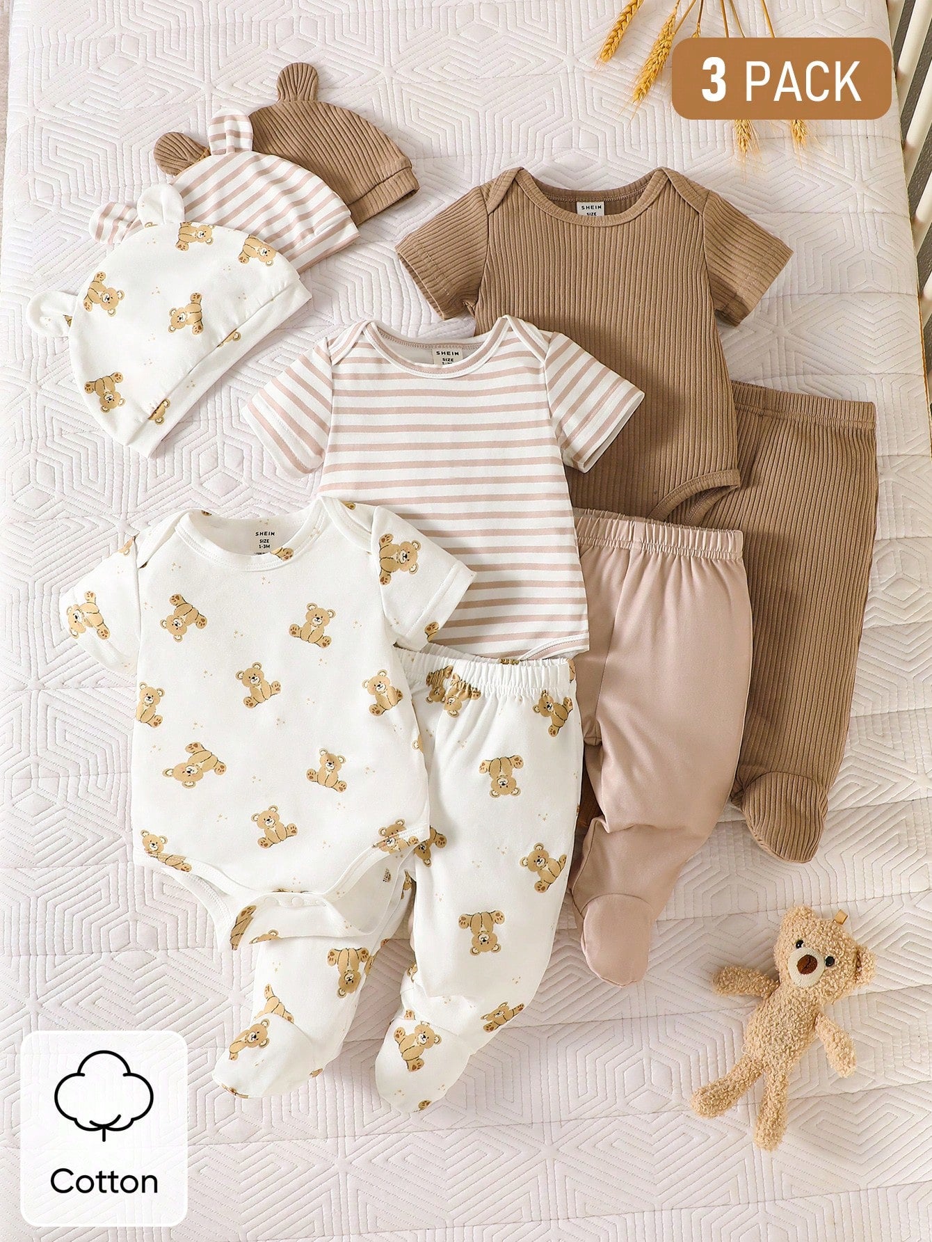 3pcs/Set Newborn Unisex White Cute Bear & Ribbed Pattern Cotton Outfit Short Sleeve Bodysuit Pants Hat Soft Autumn Family Matching Neutral Clothes