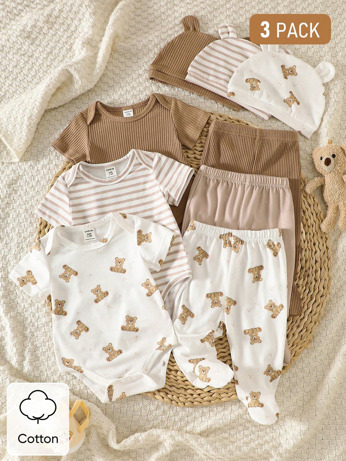 3pcs/Set Newborn Unisex White Cute Bear & Ribbed Pattern Cotton Outfit Short Sleeve Bodysuit Pants Hat Soft Autumn Family Matching Neutral Clothes