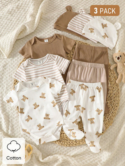 3pcs/Set Newborn Unisex White Cute Bear & Ribbed Pattern Cotton Outfit Short Sleeve Bodysuit Pants Hat Soft Autumn Family Matching Neutral Clothes