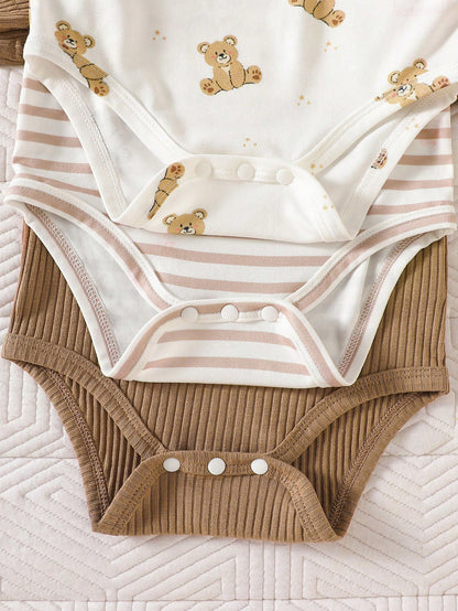 3pcs/Set Newborn Unisex White Cute Bear & Ribbed Pattern Cotton Outfit Short Sleeve Bodysuit Pants Hat Soft Autumn Family Matching Neutral Clothes
