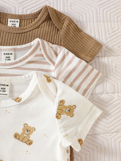3pcs/Set Newborn Unisex White Cute Bear & Ribbed Pattern Cotton Outfit Short Sleeve Bodysuit Pants Hat Soft Autumn Family Matching Neutral Clothes