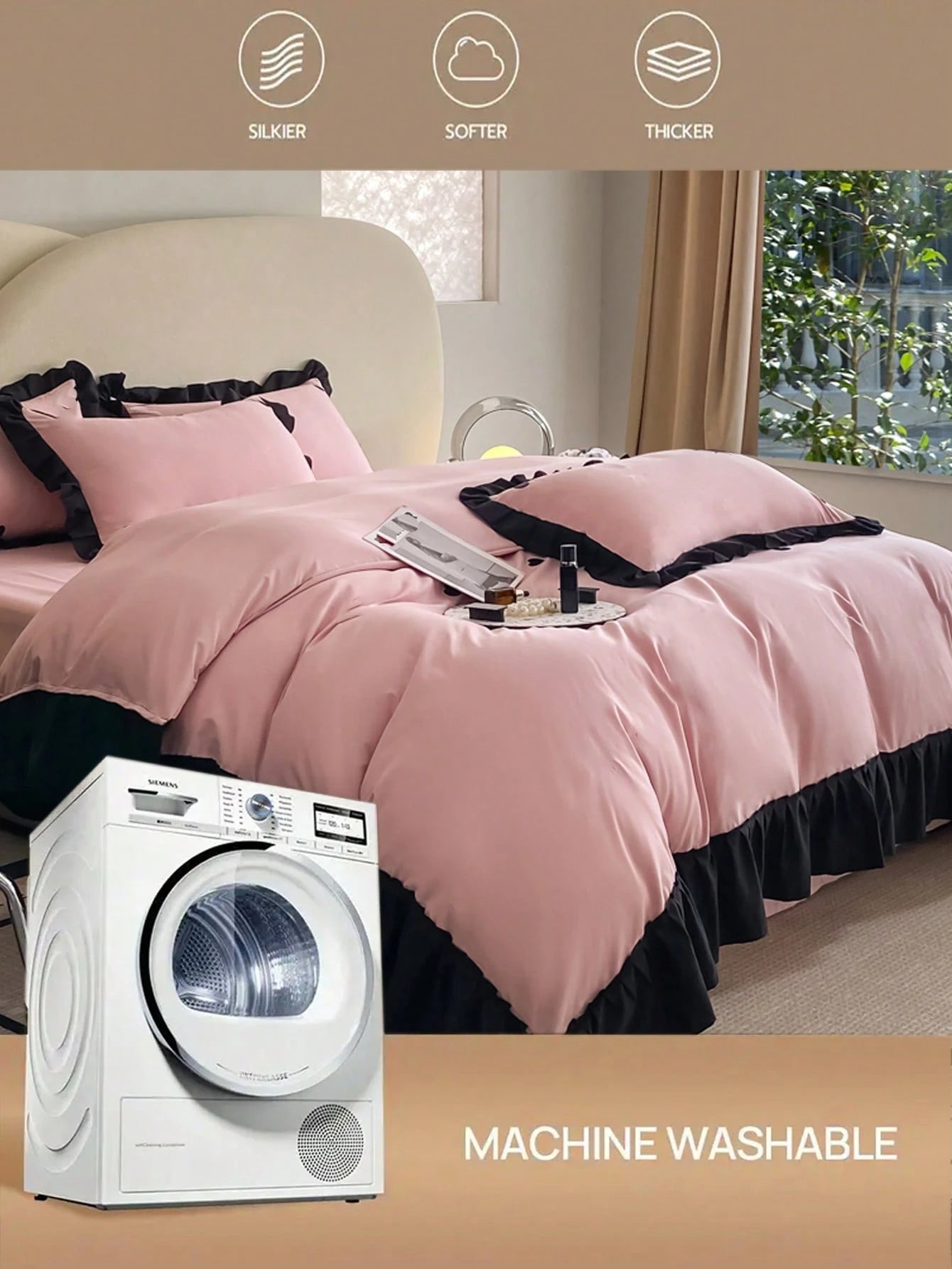 3pcs Soft & Cozy Bedding Set (1 Duvet Cover + 2 Pillow Cases), Pink & Black Ruffled Edges, Suitable For Bedroom And Guest Room