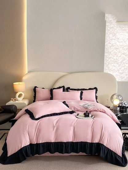 3pcs Soft & Cozy Bedding Set (1 Duvet Cover + 2 Pillow Cases), Pink & Black Ruffled Edges, Suitable For Bedroom And Guest Room
