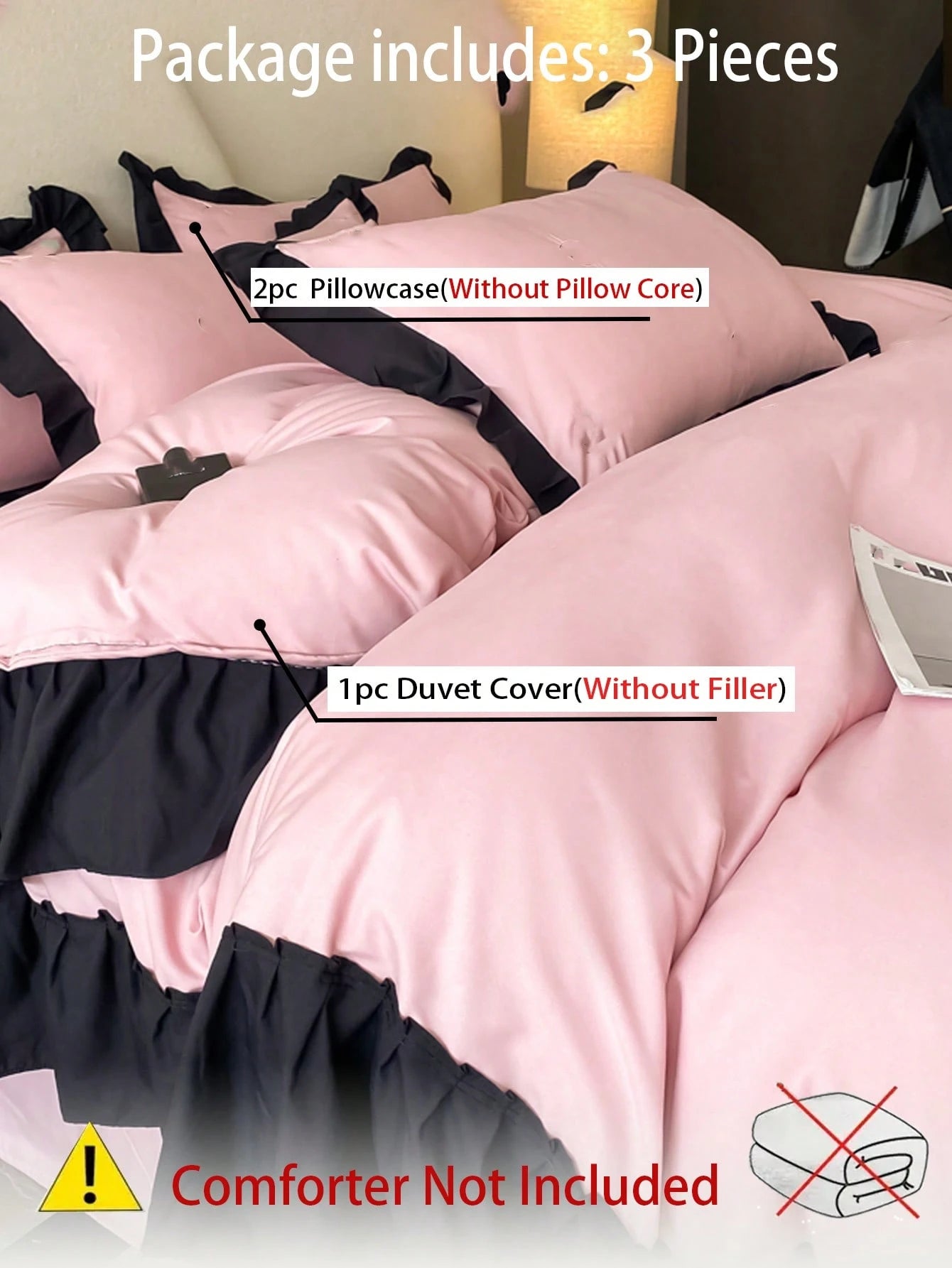 3pcs Soft & Cozy Bedding Set (1 Duvet Cover + 2 Pillow Cases), Pink & Black Ruffled Edges, Suitable For Bedroom And Guest Room