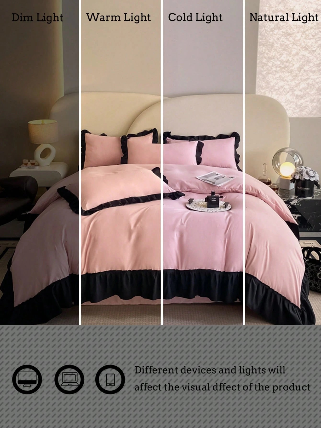 3pcs Soft & Cozy Bedding Set (1 Duvet Cover + 2 Pillow Cases), Pink & Black Ruffled Edges, Suitable For Bedroom And Guest Room