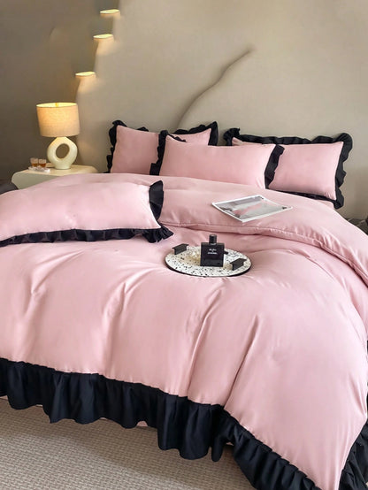 3pcs Soft & Cozy Bedding Set (1 Duvet Cover + 2 Pillow Cases), Pink & Black Ruffled Edges, Suitable For Bedroom And Guest Room