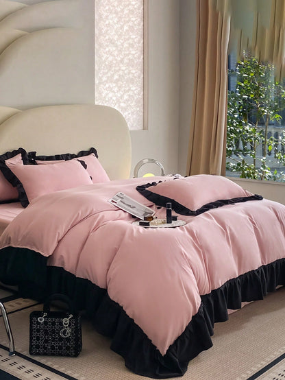 3pcs Soft & Cozy Bedding Set (1 Duvet Cover + 2 Pillow Cases), Pink & Black Ruffled Edges, Suitable For Bedroom And Guest Room