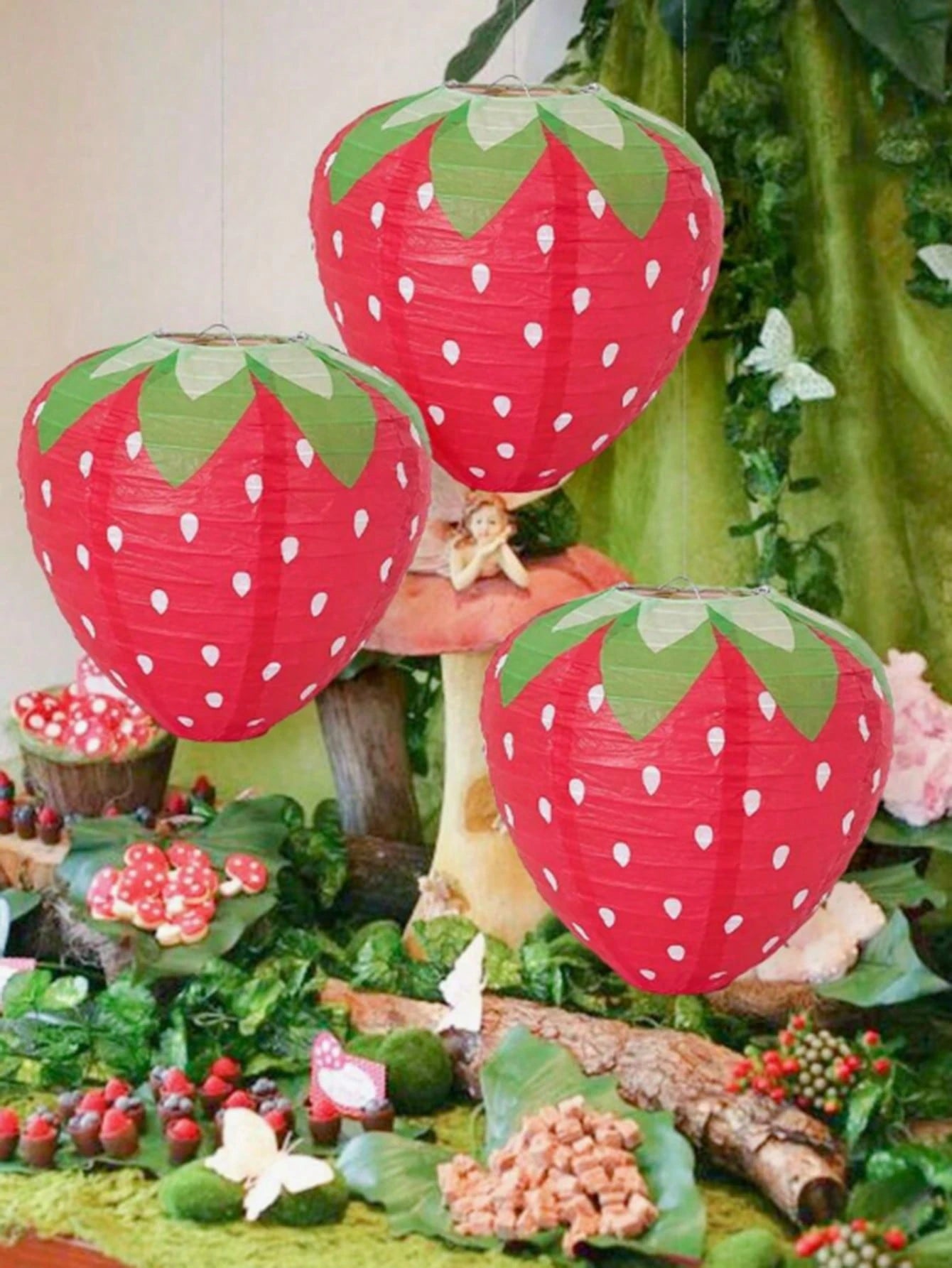 3pcs Strawberry Lantern Decoration Children's Birthday Party Supplies Strawberry Fruit Theme Hanging Paper Decorations
