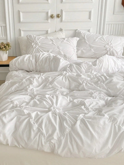 3pcs White Pleated Ruffle Floral Duvet Cover Set, Simple Luxury Modern Polyester Bedding Set, Soft & Breathable For All Seasons