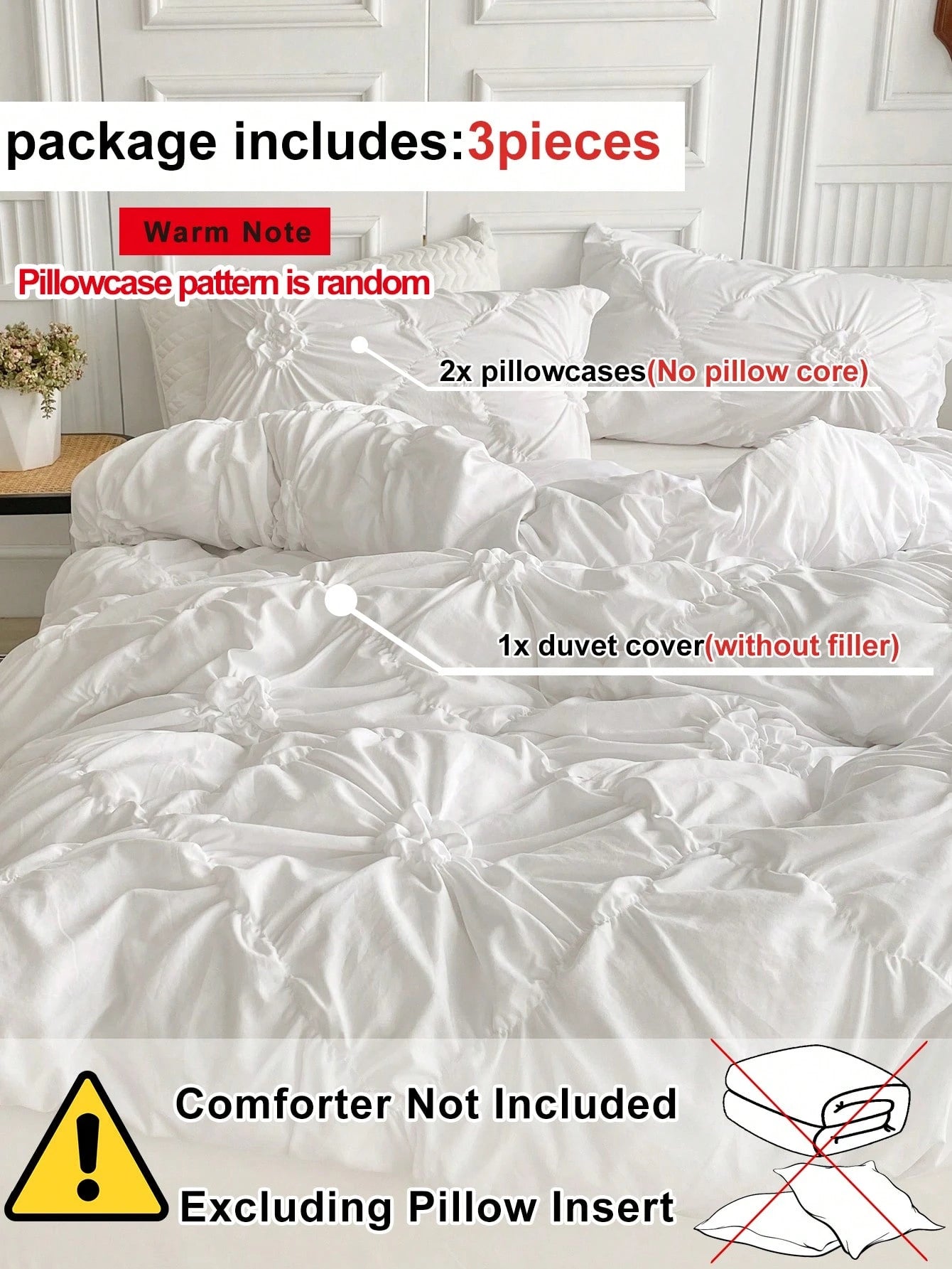 3pcs White Pleated Ruffle Floral Duvet Cover Set, Simple Luxury Modern Polyester Bedding Set, Soft & Breathable For All Seasons