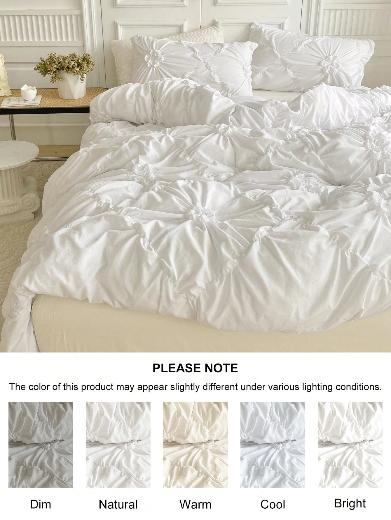 3pcs White Pleated Ruffle Floral Duvet Cover Set, Simple Luxury Modern Polyester Bedding Set, Soft & Breathable For All Seasons