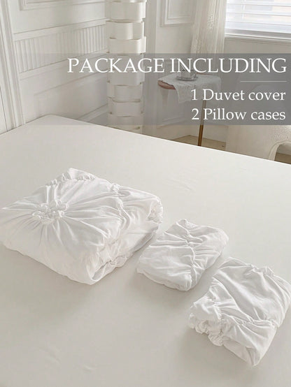 3pcs White Pleated Ruffle Floral Duvet Cover Set, Simple Luxury Modern Polyester Bedding Set, Soft & Breathable For All Seasons