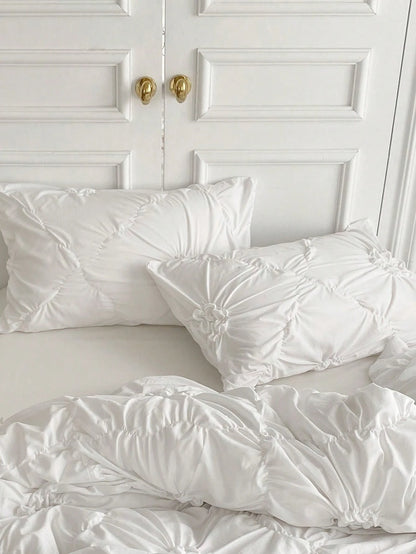 3pcs White Pleated Ruffle Floral Duvet Cover Set, Simple Luxury Modern Polyester Bedding Set, Soft & Breathable For All Seasons