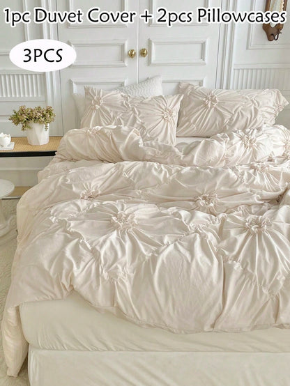 3pcs White Pleated Ruffle Floral Duvet Cover Set, Simple Luxury Modern Polyester Bedding Set, Soft & Breathable For All Seasons