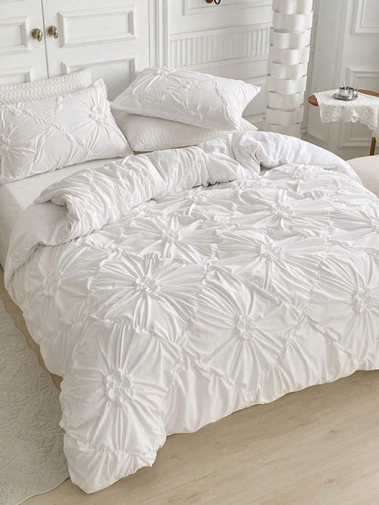 3pcs White Pleated Ruffle Floral Duvet Cover Set, Simple Luxury Modern Polyester Bedding Set, Soft & Breathable For All Seasons
