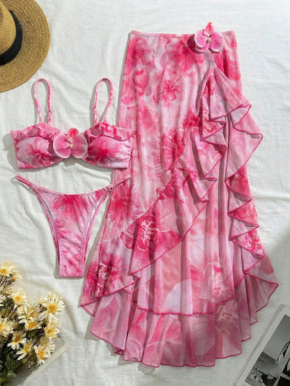 3pcs Women Floral Print Elegant Sexy Backless Tie Knot 3D Flower Skirt Bikini Set, Suitable For Beach & Resort Wear, Spring/Summer Vacation Pink