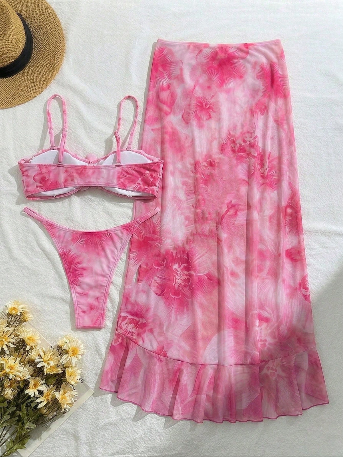 3pcs Women Floral Print Elegant Sexy Backless Tie Knot 3D Flower Skirt Bikini Set, Suitable For Beach & Resort Wear, Spring/Summer Vacation Pink