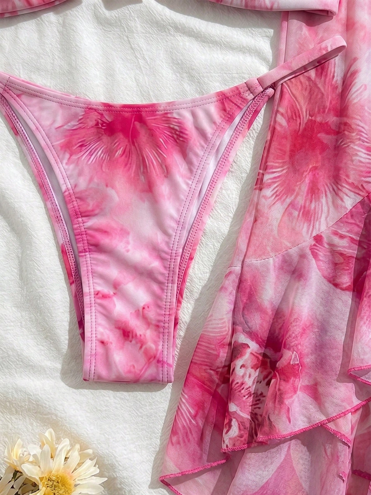 3pcs Women Floral Print Elegant Sexy Backless Tie Knot 3D Flower Skirt Bikini Set, Suitable For Beach & Resort Wear, Spring/Summer Vacation Pink