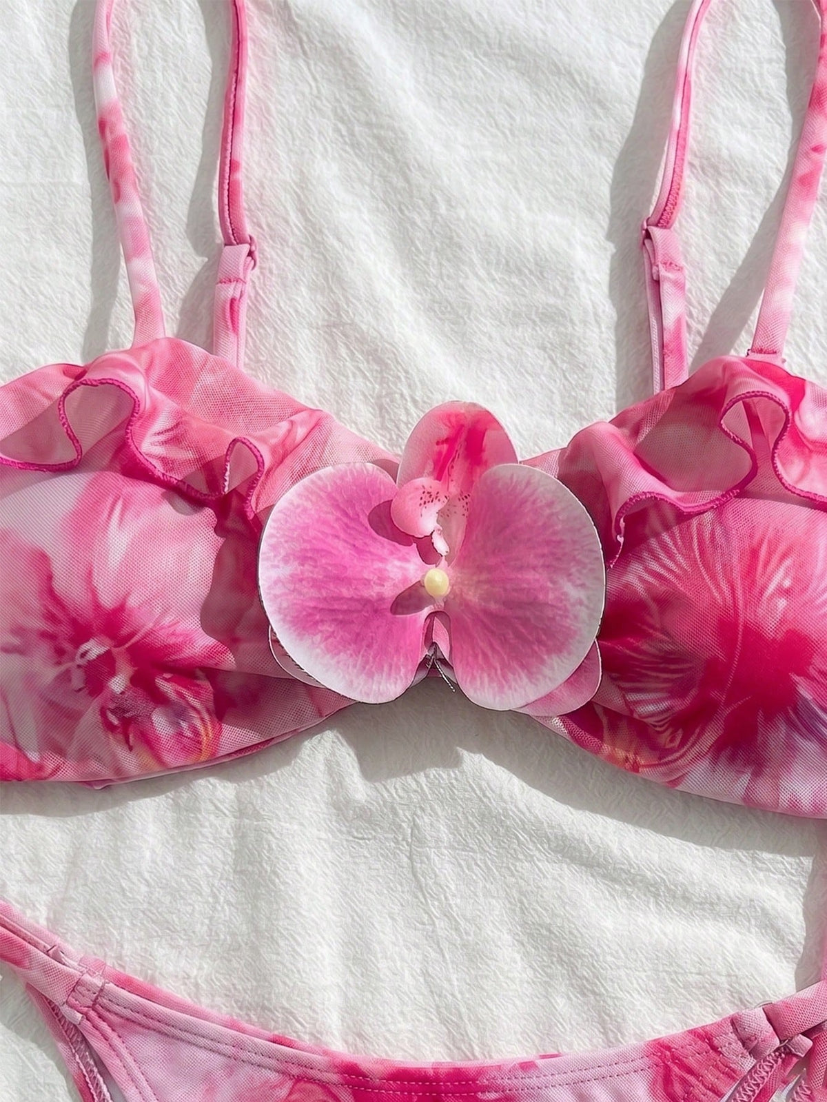 3pcs Women Floral Print Elegant Sexy Backless Tie Knot 3D Flower Skirt Bikini Set, Suitable For Beach & Resort Wear, Spring/Summer Vacation Pink