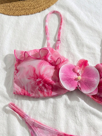 3pcs Women Floral Print Elegant Sexy Backless Tie Knot 3D Flower Skirt Bikini Set, Suitable For Beach & Resort Wear, Spring/Summer Vacation Pink